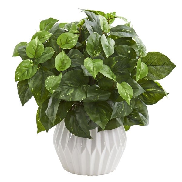 Nearly Natural 16 ft. Pothos Artificial Plant in White Ceramic Vase 6466